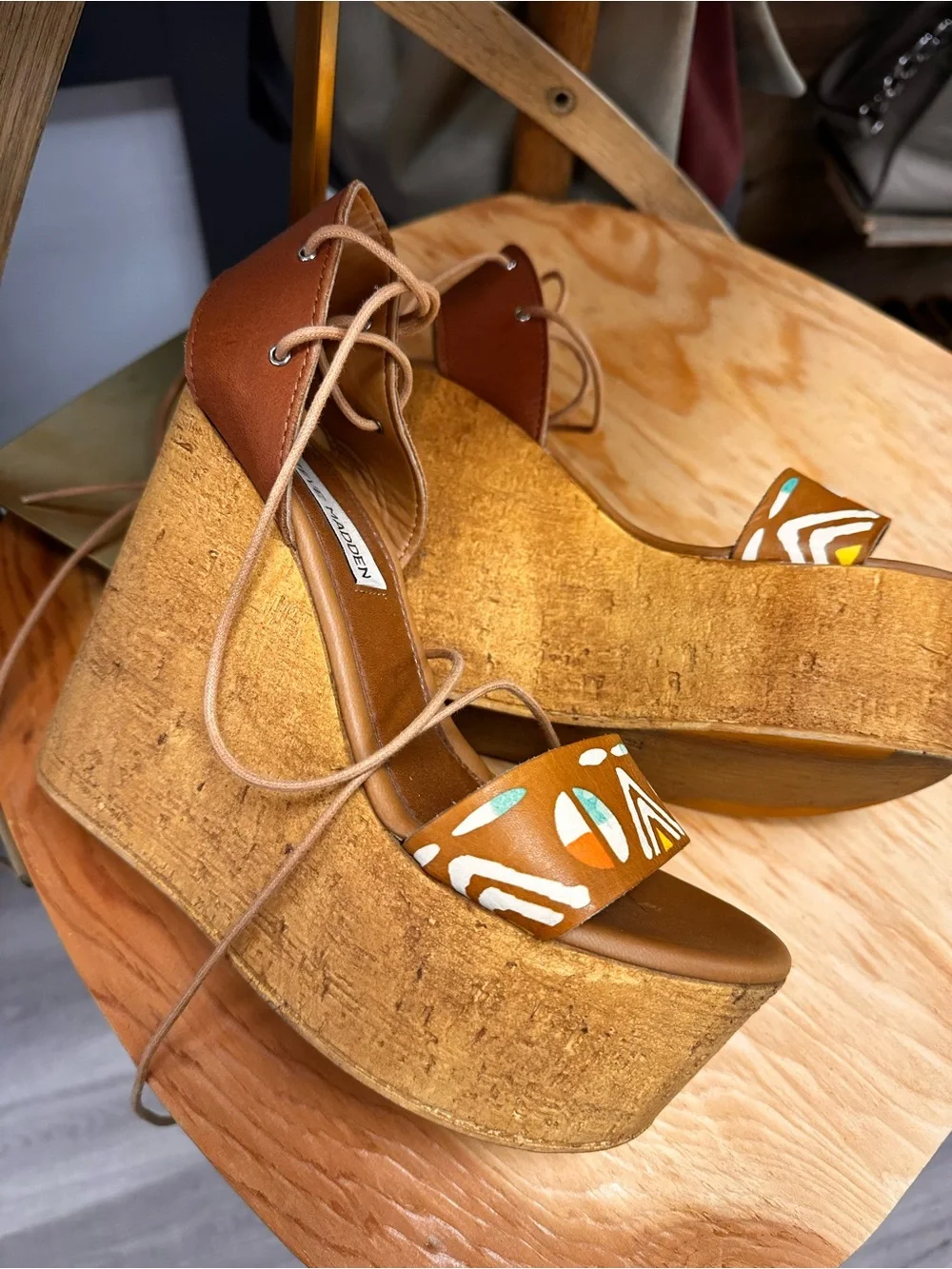 Steve Madden Brown Cork Platform Lace-Up Wedge Sandals with Painted Accents S 7